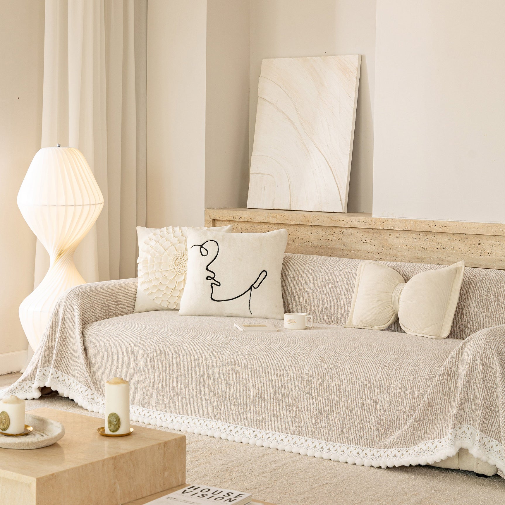 Sofa Cover Throw with Lace Trim & Pom-Pom Fringe, Decorative Couch Cover Blanket - Ornate Home