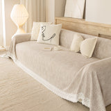 Sofa Cover Throw with Lace Trim & Pom-Pom Fringe, Decorative Couch Cover Blanket - Ornate Home