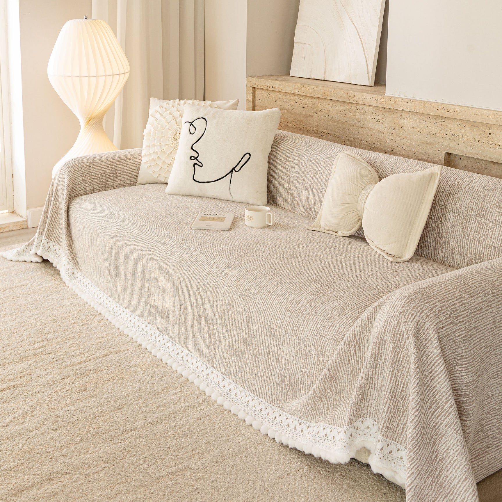 Sofa Cover Throw with Lace Trim & Pom-Pom Fringe, Decorative Couch Cover Blanket - Ornate Home