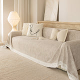 Sofa Cover Throw with Lace Trim & Pom-Pom Fringe, Decorative Couch Cover Blanket - Ornate Home
