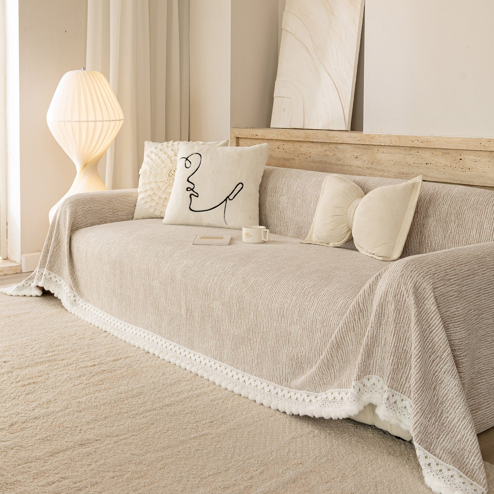 Sofa Cover Throw with Lace Trim & Pom-Pom Fringe, Decorative Couch Cover Blanket - Ornate Home