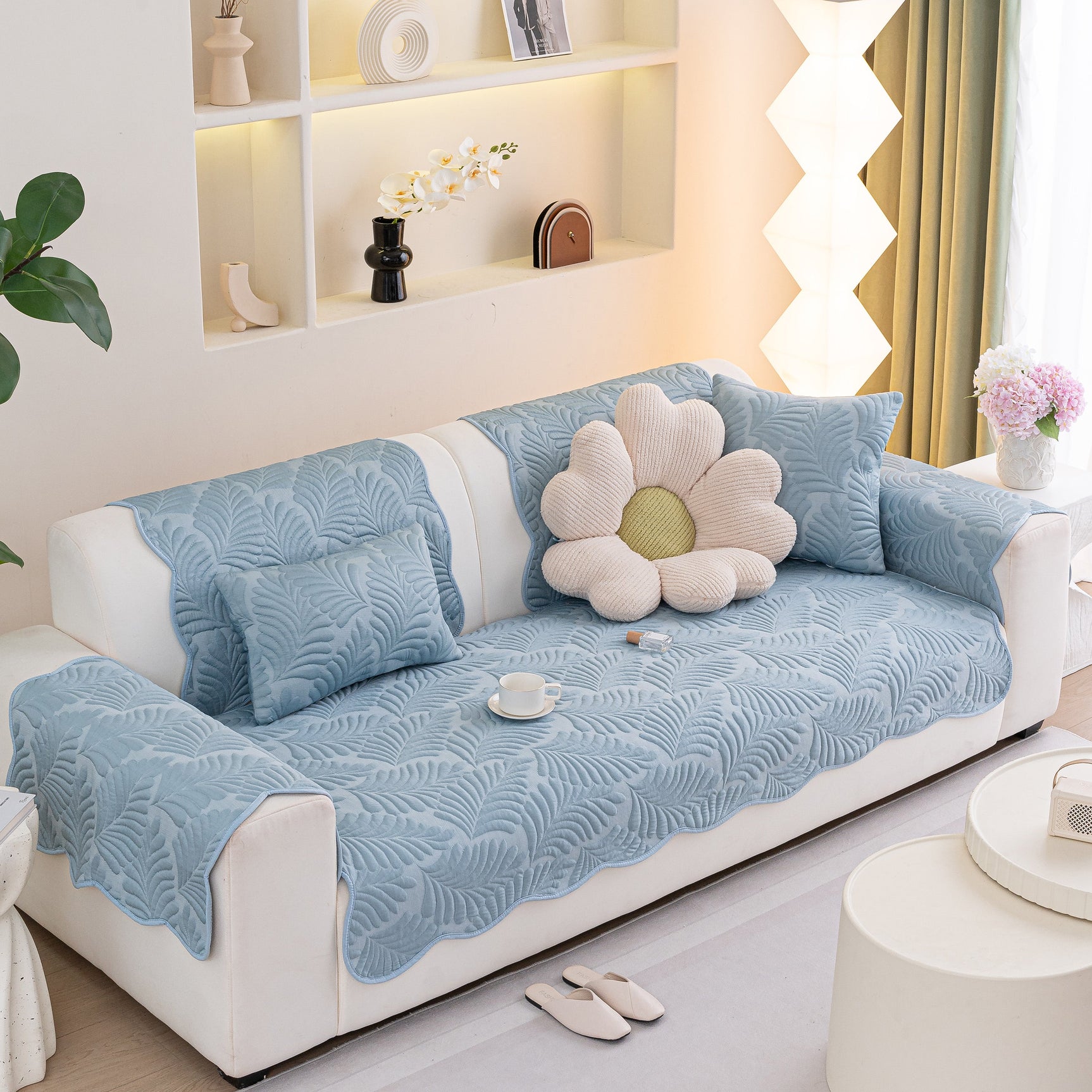 Sofa Cover for Leather & Fabric Couches, 3D Leaf Embossed Quilted Furniture Covers - Ornate Home