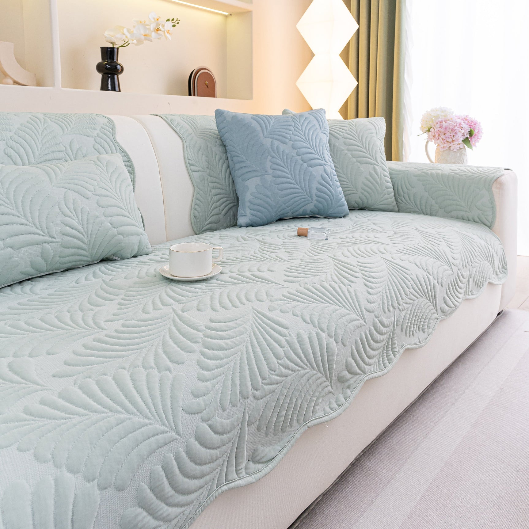 Sofa Cover for Leather & Fabric Couches, 3D Leaf Embossed Quilted Furniture Covers - Ornate Home