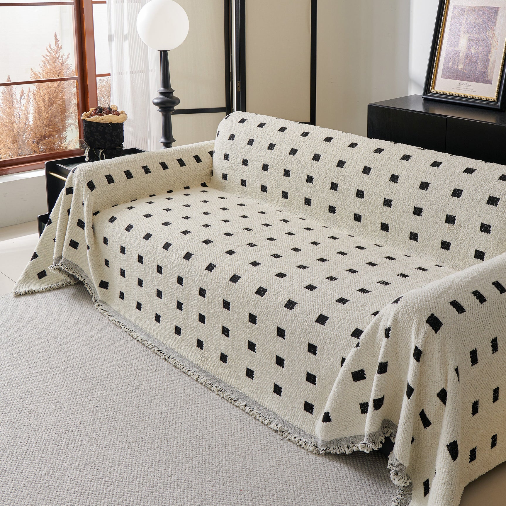 Sofa Throw Blanket with Woven Geometric Pattern & Tassels, Soft & Thick Couch Cover - Ornate Home