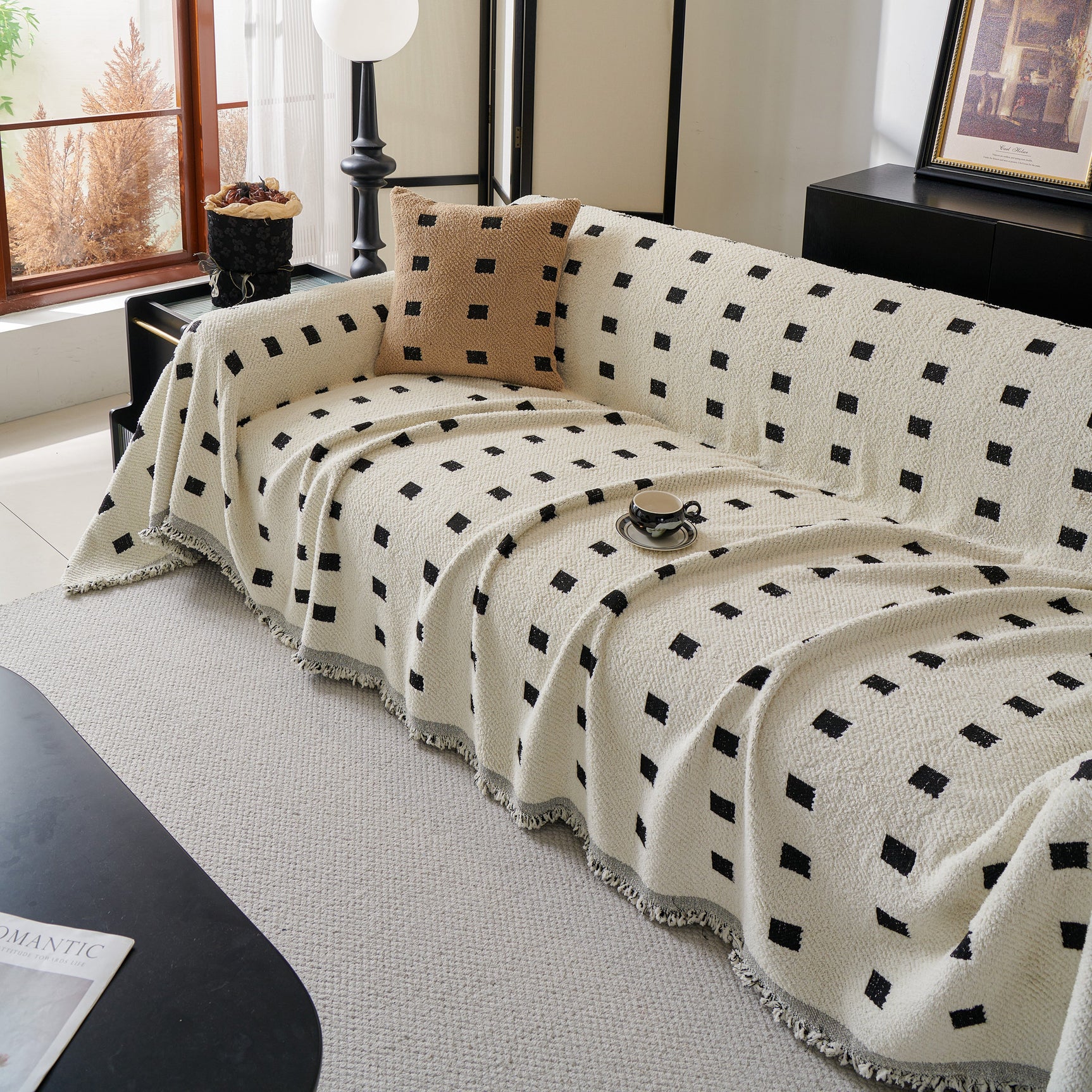 Sofa Throw Blanket with Woven Geometric Pattern & Tassels, Soft & Thick Couch Cover - Ornate Home