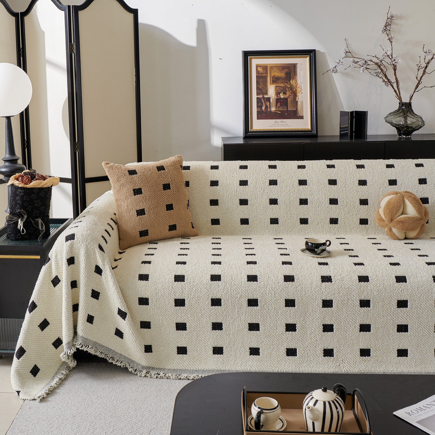 Sofa Throw Blanket with Woven Geometric Pattern & Tassels, Soft & Thick Couch Cover - Ornate Home