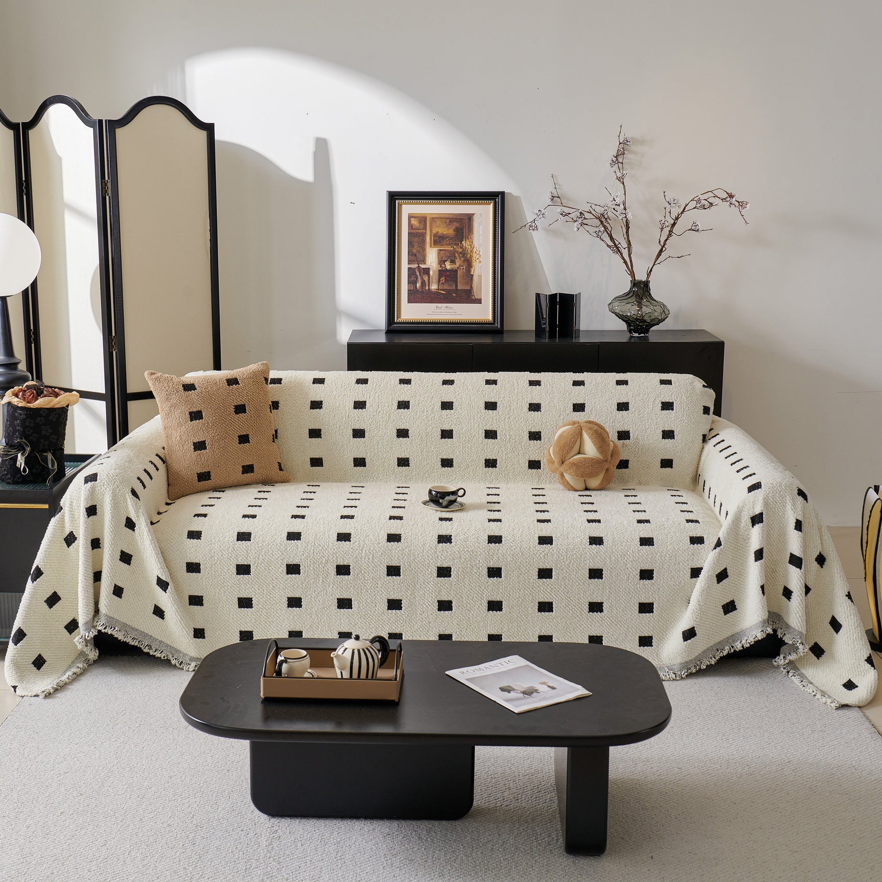 Sofa Throw Blanket with Woven Geometric Pattern & Tassels, Soft & Thick Couch Cover - Ornate Home