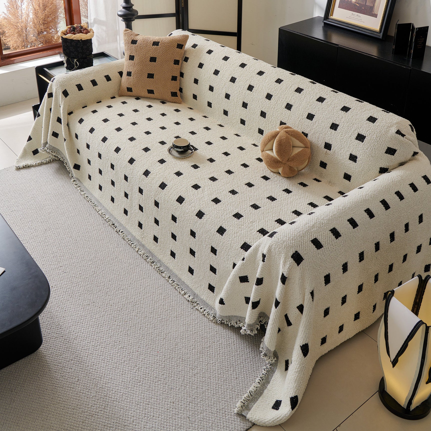 Sofa Throw Blanket with Woven Geometric Pattern & Tassels, Soft & Thick Couch Cover - Ornate Home