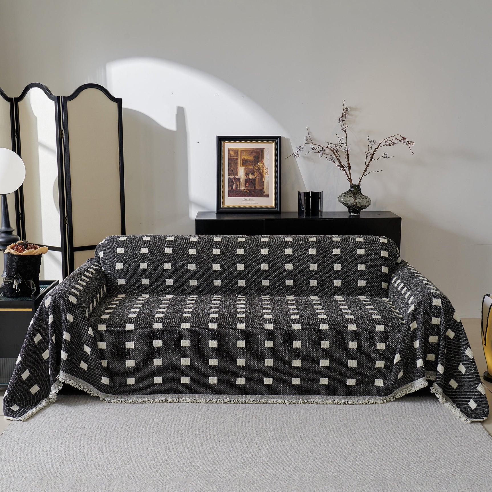Sofa Throw Blanket with Woven Geometric Pattern & Tassels, Soft & Thick Couch Cover - Ornate Home