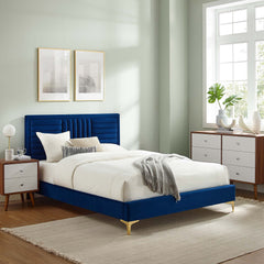 Sofia Navy Channel Tufted Performance Velvet Full Platform Bed - Ornate Home