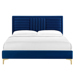 Sofia Navy Channel Tufted Performance Velvet Full Platform Bed - Ornate Home