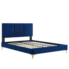 Sofia Navy Channel Tufted Performance Velvet Full Platform Bed - Ornate Home