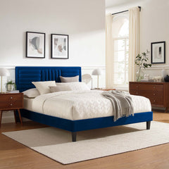 Sofia Navy Tapered Wood Leg Channel Tufted Performance Velvet Full Platform Bed - Ornate Home