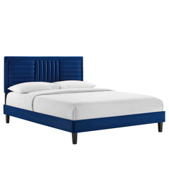 Sofia Navy Tapered Wood Leg Channel Tufted Performance Velvet Full Platform Bed - Ornate Home