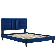 Sofia Navy Tapered Wood Leg Channel Tufted Performance Velvet Full Platform Bed - Ornate Home