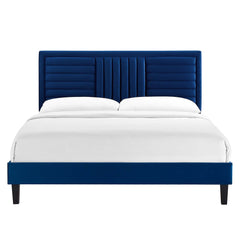 Sofia Navy Tapered Wood Leg Channel Tufted Performance Velvet Full Platform Bed - Ornate Home