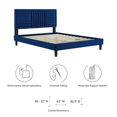 Sofia Navy Tapered Wood Leg Channel Tufted Performance Velvet Full Platform Bed - Ornate Home