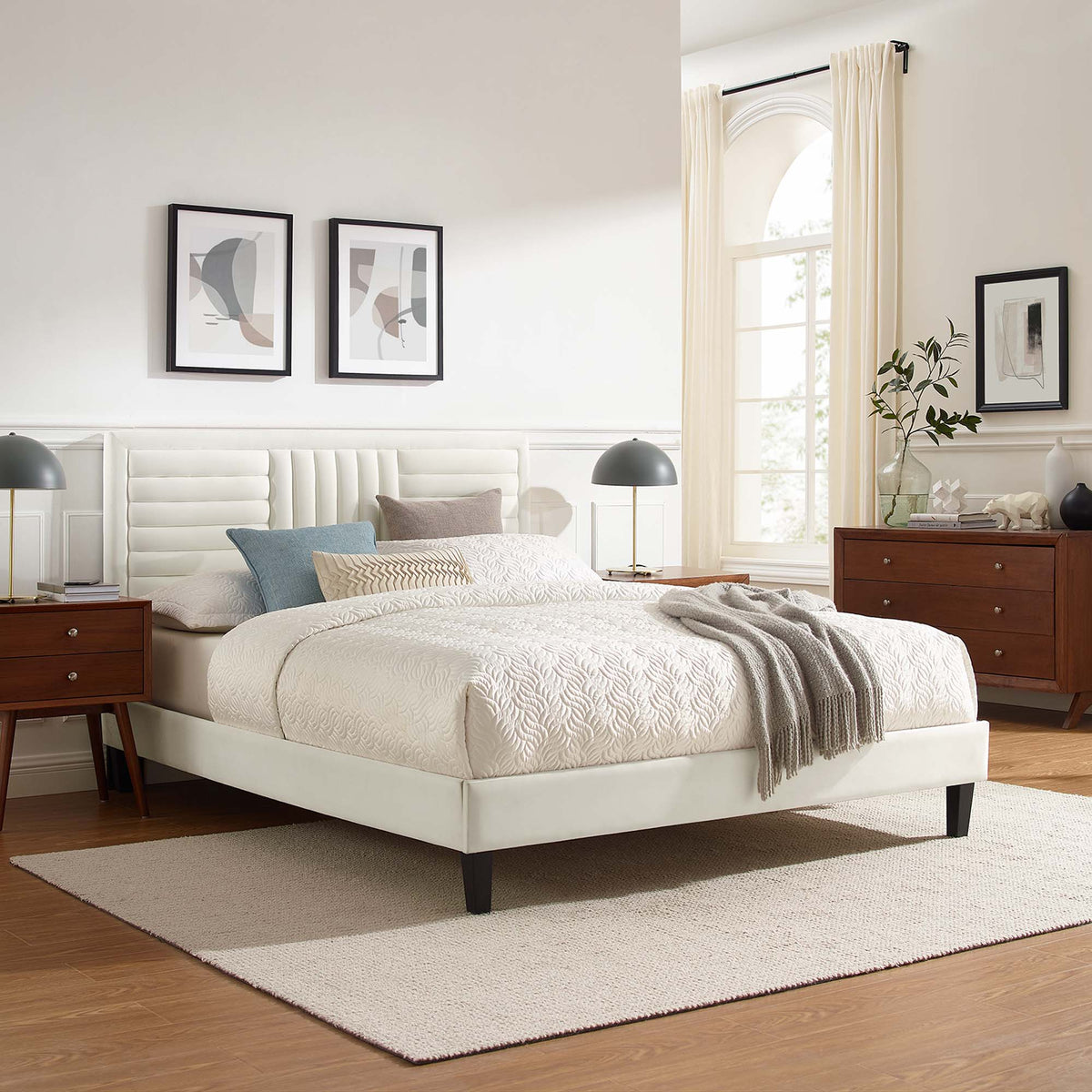 Sofia White Channel Tufted Performance Velvet King Platform Bed - 82.5x79" - Ornate Home