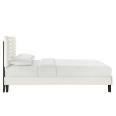 Sofia White Tapered Wood Leg Channel Tufted Performance Velvet Full Platform Bed - Ornate Home
