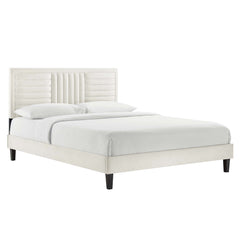 Sofia White Tapered Wood Leg Channel Tufted Performance Velvet Queen Platform Bed - Ornate Home