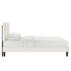 Sofia White Tapered Wood Leg Channel Tufted Performance Velvet Queen Platform Bed - Ornate Home