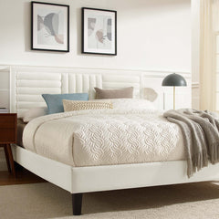 Sofia White Tapered Wood Leg Channel Tufted Performance Velvet Queen Platform Bed - Ornate Home