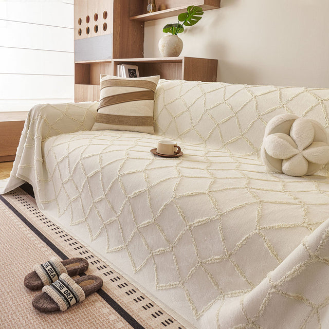 Soft Chenille Sofa Throw Cover, Raised Geometric Texture Furniture Protector Blanket - Ornate Home