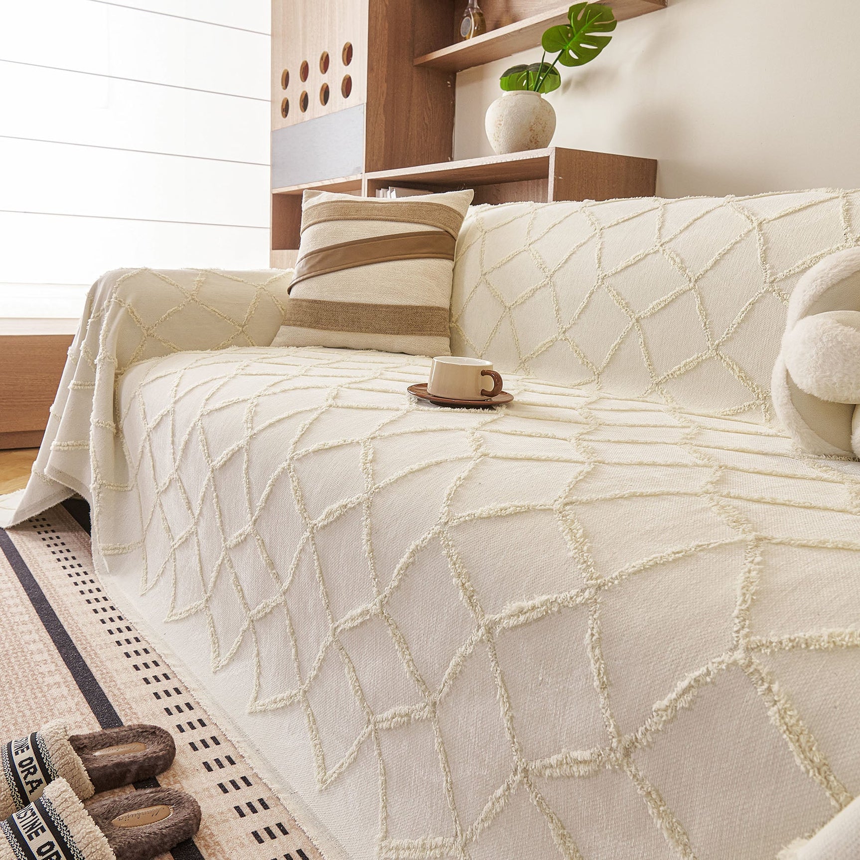 Soft Chenille Sofa Throw Cover, Raised Geometric Texture Furniture Protector Blanket - Ornate Home