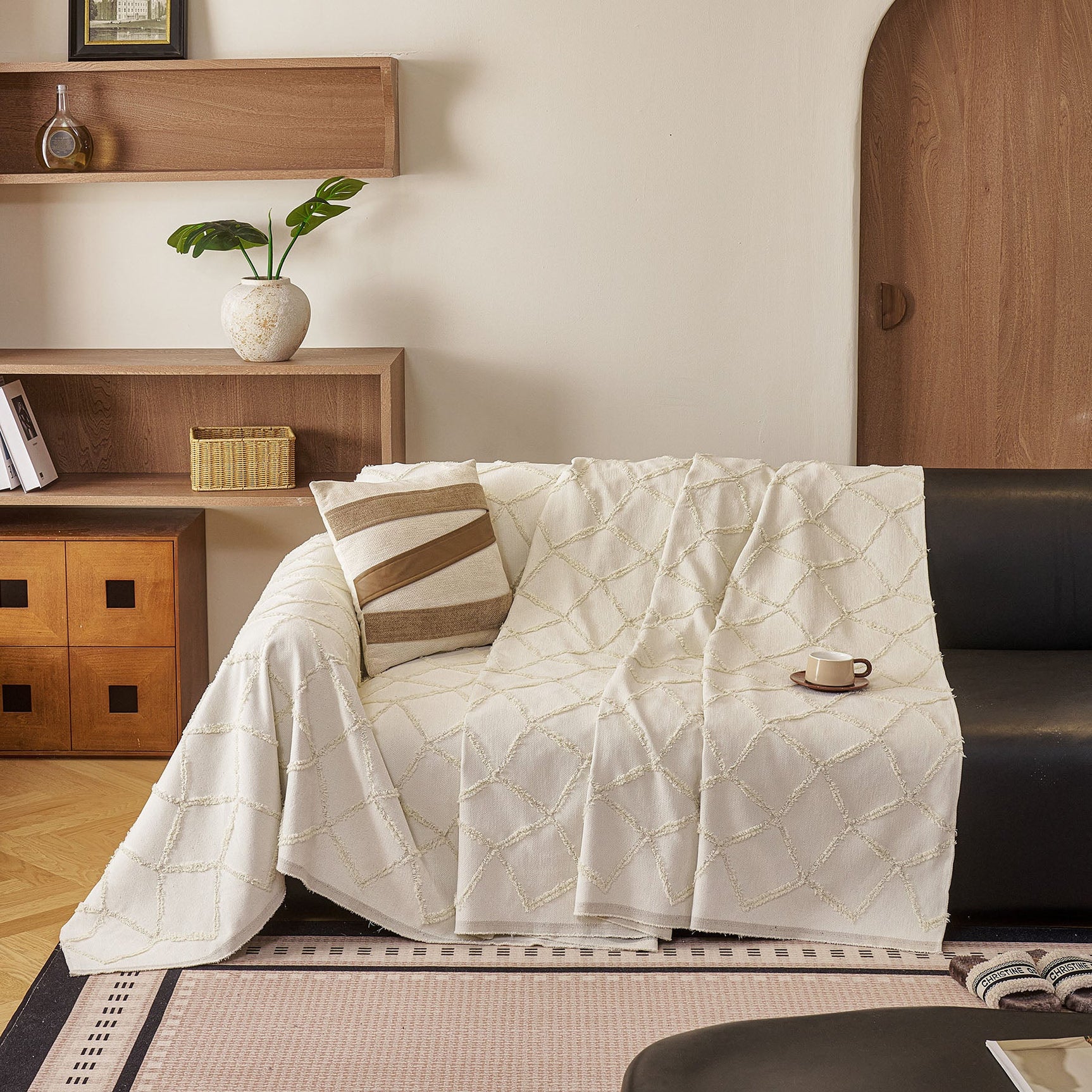 Soft Chenille Sofa Throw Cover, Raised Geometric Texture Furniture Protector Blanket - Ornate Home