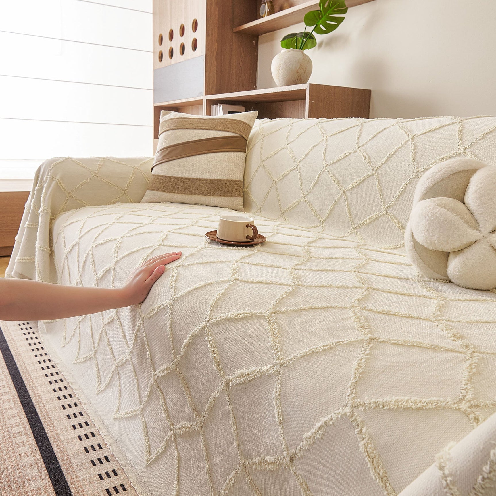 Soft Chenille Sofa Throw Cover, Raised Geometric Texture Furniture Protector Blanket - Ornate Home