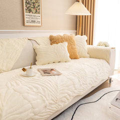 Soft Furry Velvet Plush Non-Slip Sofa Cover Quilted Palm Leaves Sectional Couch Cover for Kids and Pets - Ornate Home