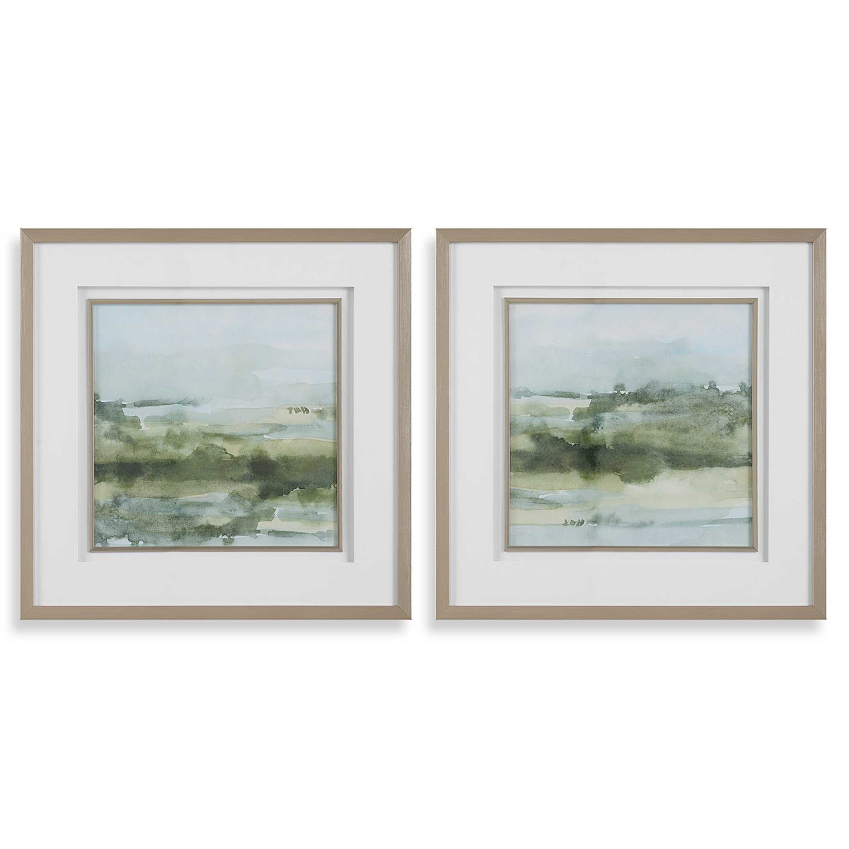 Soft Sage Green/White Abstract Landscape Prints (Set of 2) - Ornate Home