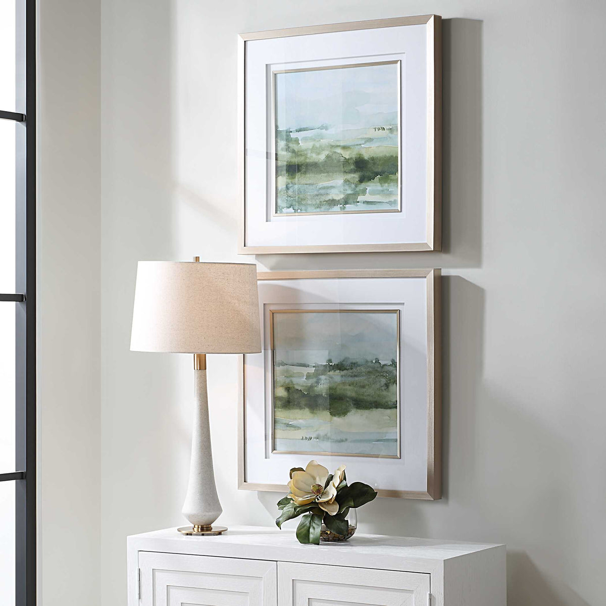 Soft Sage Green/White Abstract Landscape Prints (Set of 2) - Ornate Home