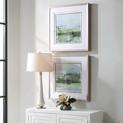 Soft Sage Green/White Abstract Landscape Prints (Set of 2) - Ornate Home