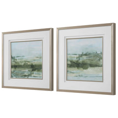 Soft Sage Green/White Abstract Landscape Prints (Set of 2) - Ornate Home