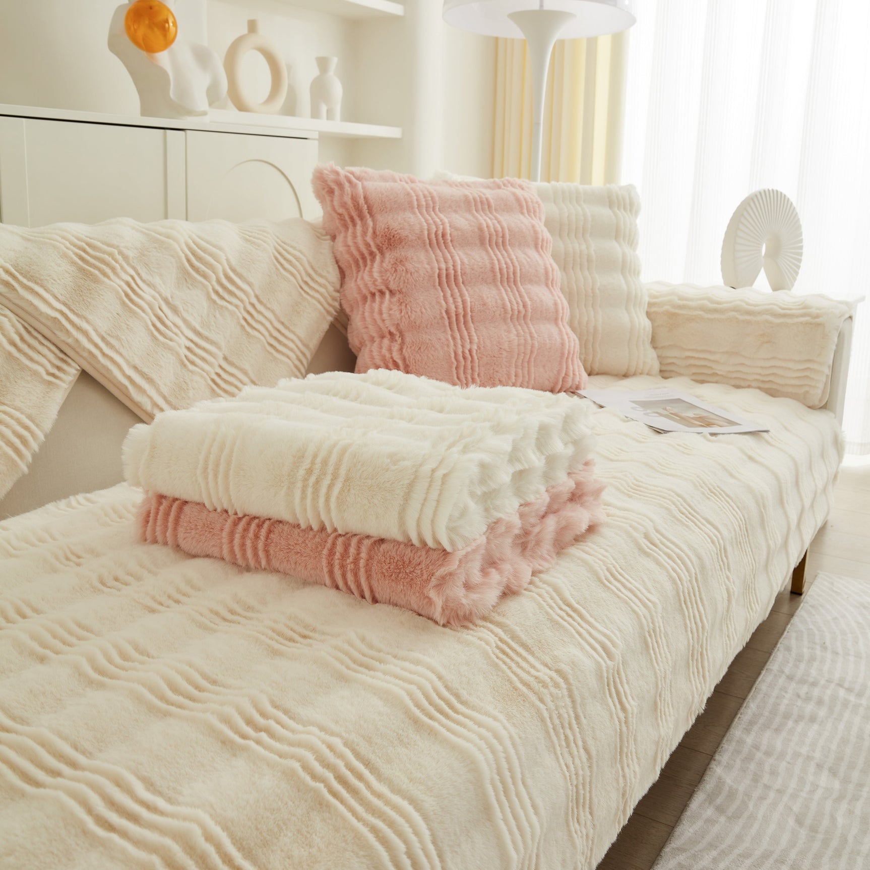 Soft Thick Faux Fur Sofa Cover Stripe Fluffy Fuzzy Non-Slip Washable Couch Covers - Ornate Home