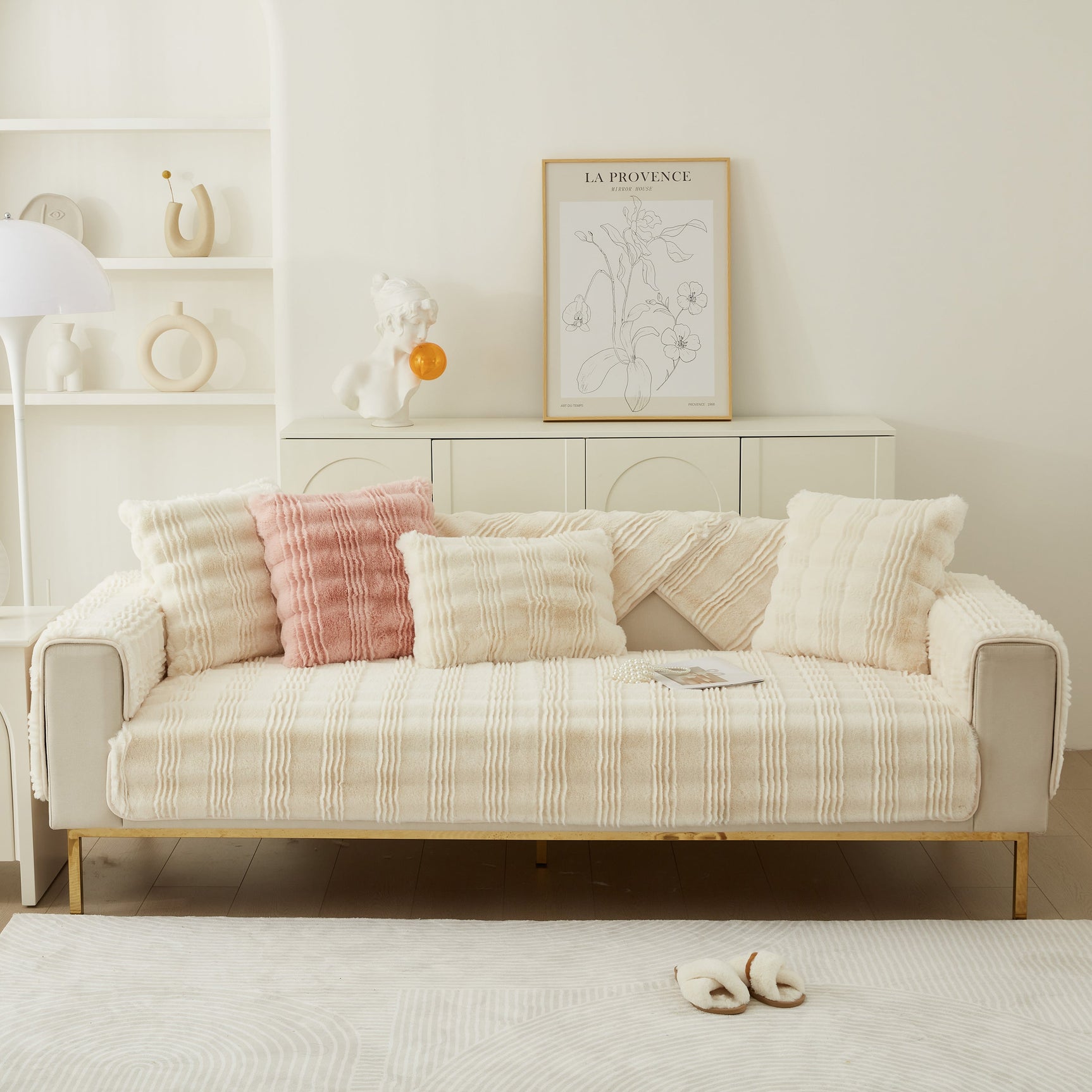 Soft Thick Faux Fur Sofa Cover Stripe Fluffy Fuzzy Non-Slip Washable Couch Covers - Ornate Home