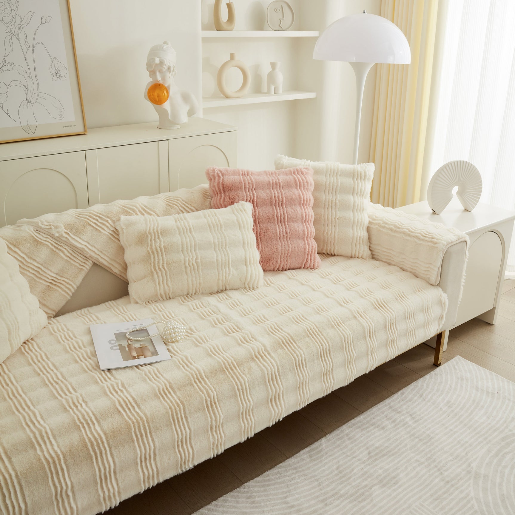 Soft Thick Faux Fur Sofa Cover Stripe Fluffy Fuzzy Non-Slip Washable Couch Covers - Ornate Home