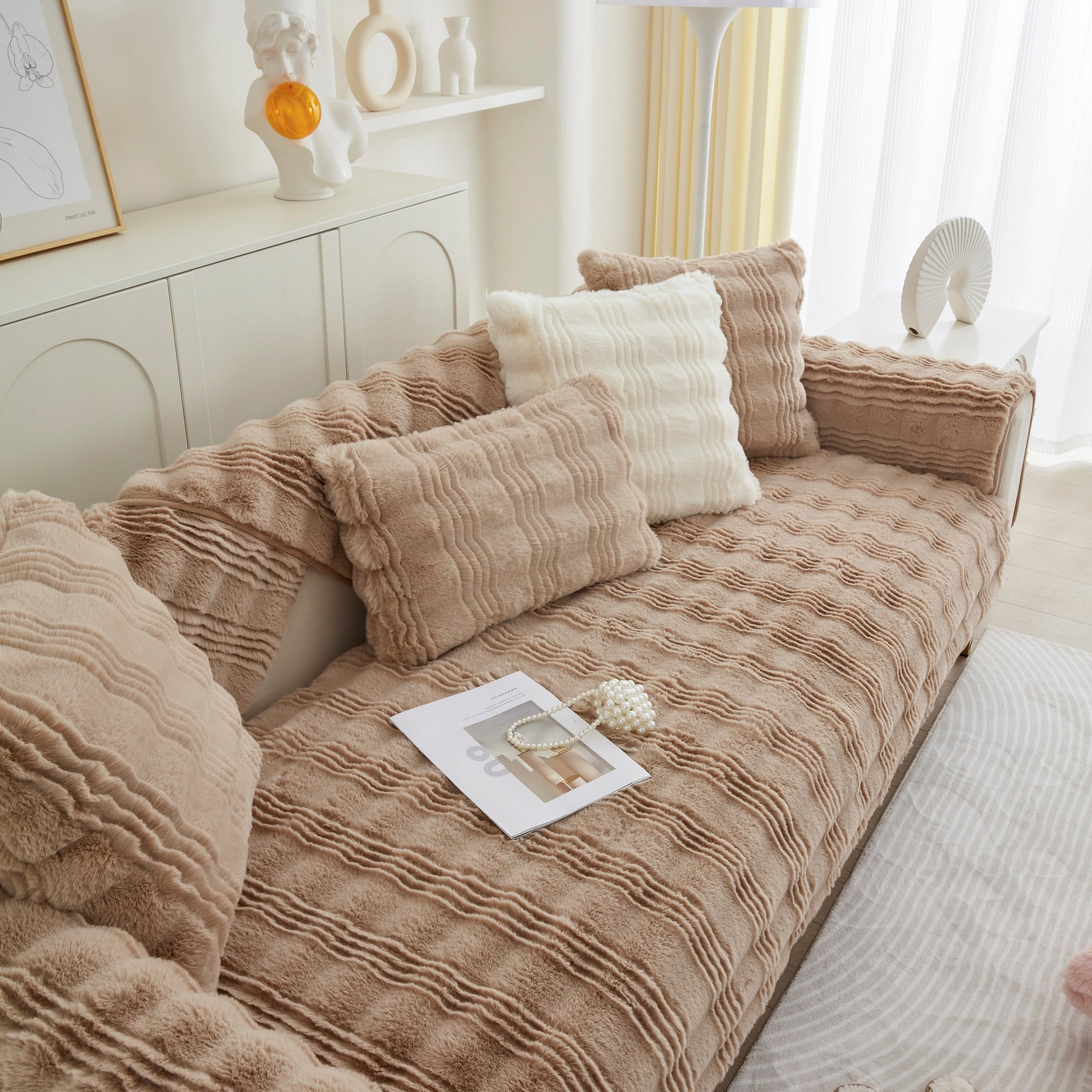 Soft Thick Faux Fur Sofa Cover Stripe Fluffy Fuzzy Non-Slip Washable Couch Covers - Ornate Home