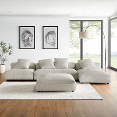Solace Almond 4-Piece Modular Corduroy Upholstered Sectional Sofa With Ottoman - Ornate Home