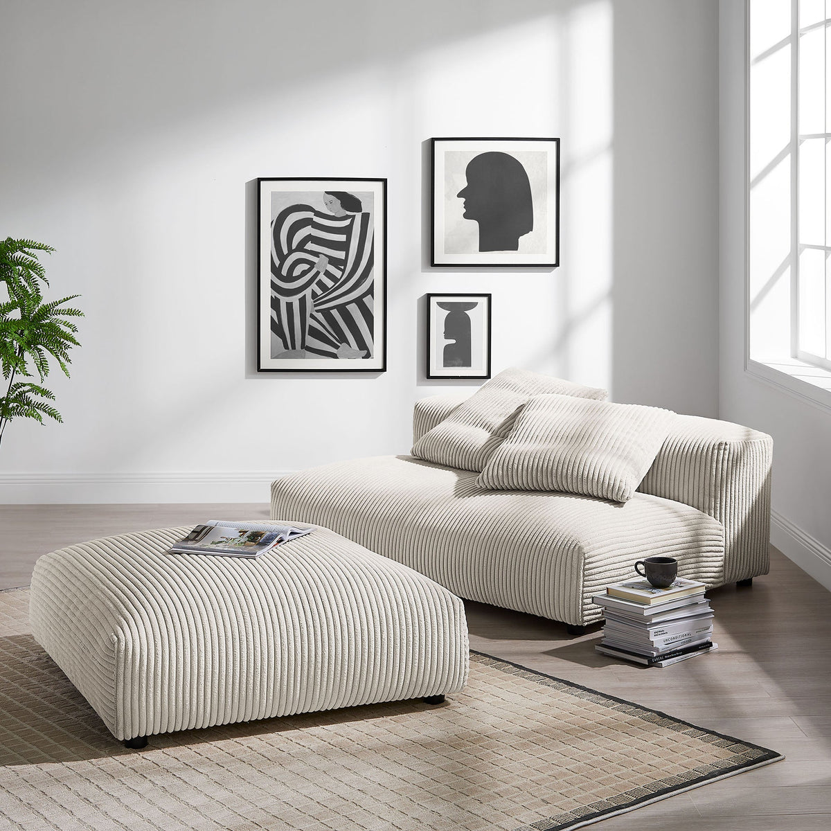 Solace Almond Modular Corduroy Upholstered Armless Loveseat and Ottoman Set - Ornate Home