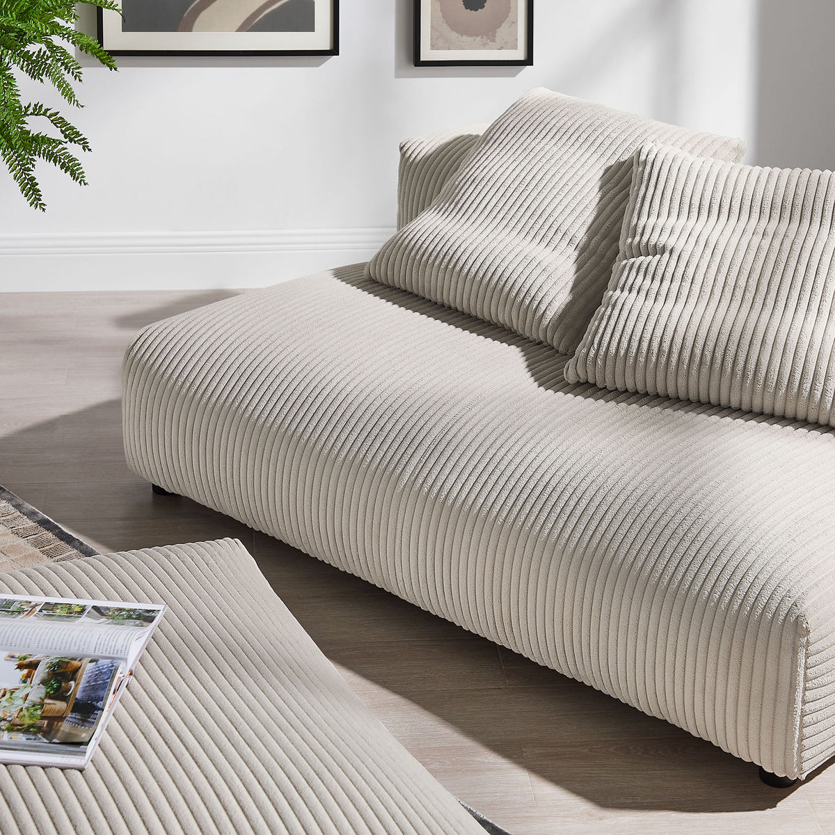 Solace Almond Modular Corduroy Upholstered Armless Loveseat and Ottoman Set - Ornate Home