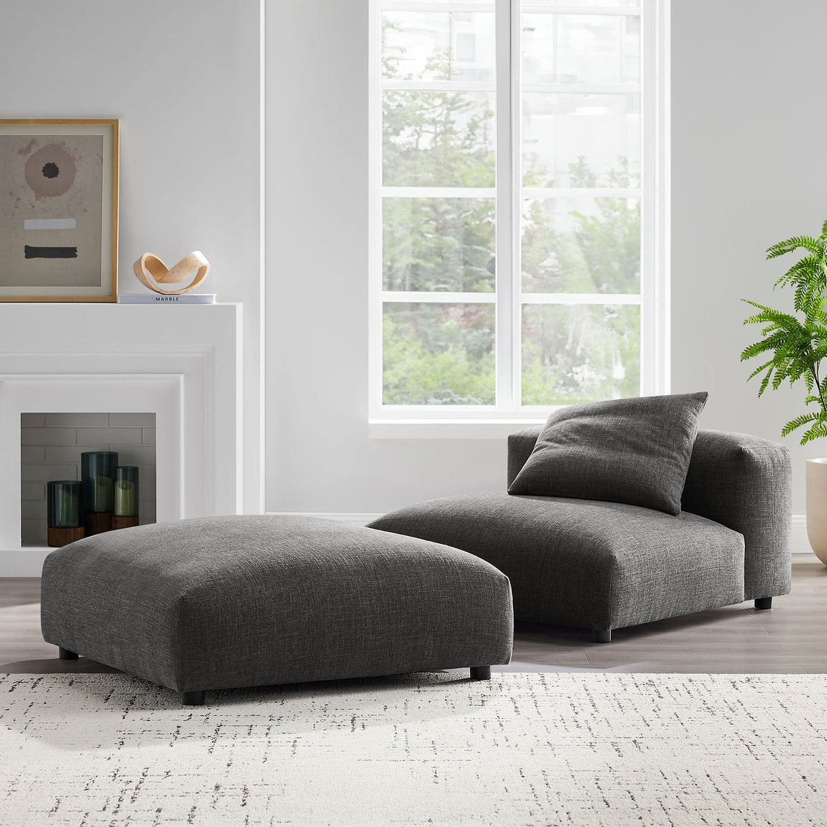 Solace Charcoal Modular Upholstered Fabric Armless Chair and Ottoman Set - Ornate Home