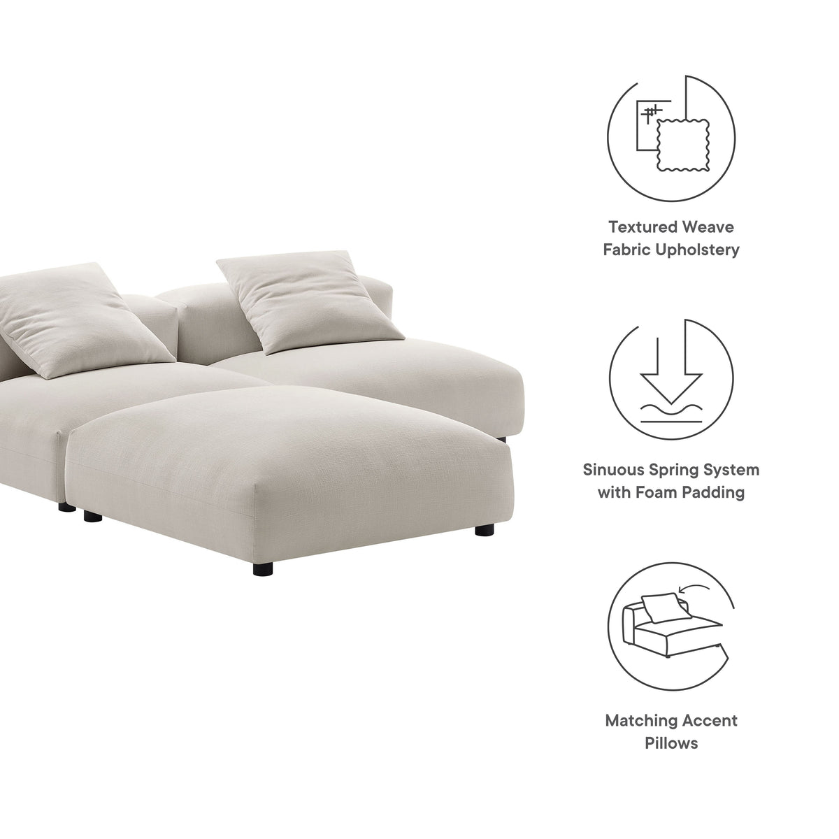 Solace Salt 3-Piece Modular Upholstered Fabric Sectional Sofa - Ornate Home