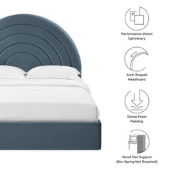Solana Cadet Blue Arched Performance Velvet Full Platform Bed - Ornate Home