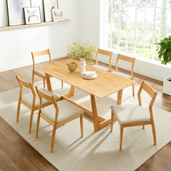 Solara Natural Heathered Weave Beige 7-Piece Wood Dining Set with Fabric Upholstered Side Chairs - Ornate Home