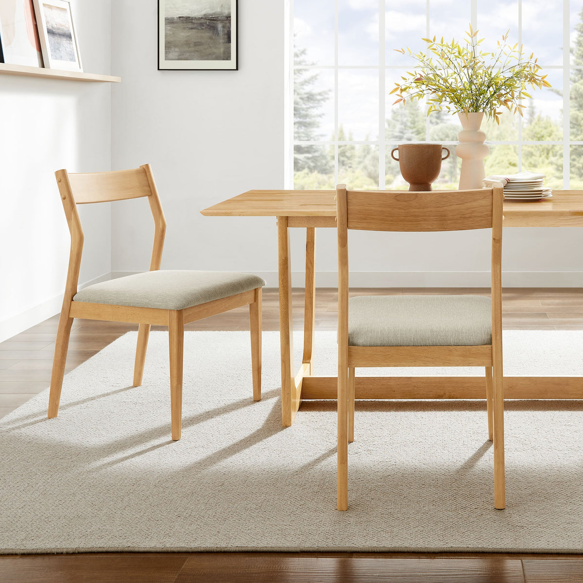 Solara Natural Heathered Weave Beige Fabric Wood Dining Side Chairs (Set of 2) - Ornate Home