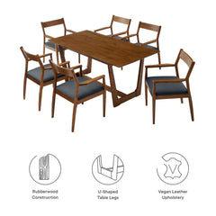 Solara Walnut/Black 7-Piece Wood Dining Set with Vegan Leather Armchairs - Ornate Home