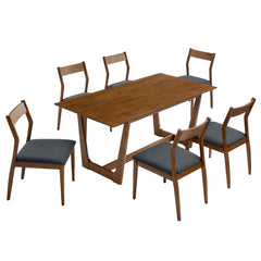 Solara Walnut/Black 7-Piece Wood Dining Set with Vegan Leather Side Chairs - Ornate Home