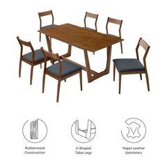 Solara Walnut/Black 7-Piece Wood Dining Set with Vegan Leather Side Chairs - Ornate Home